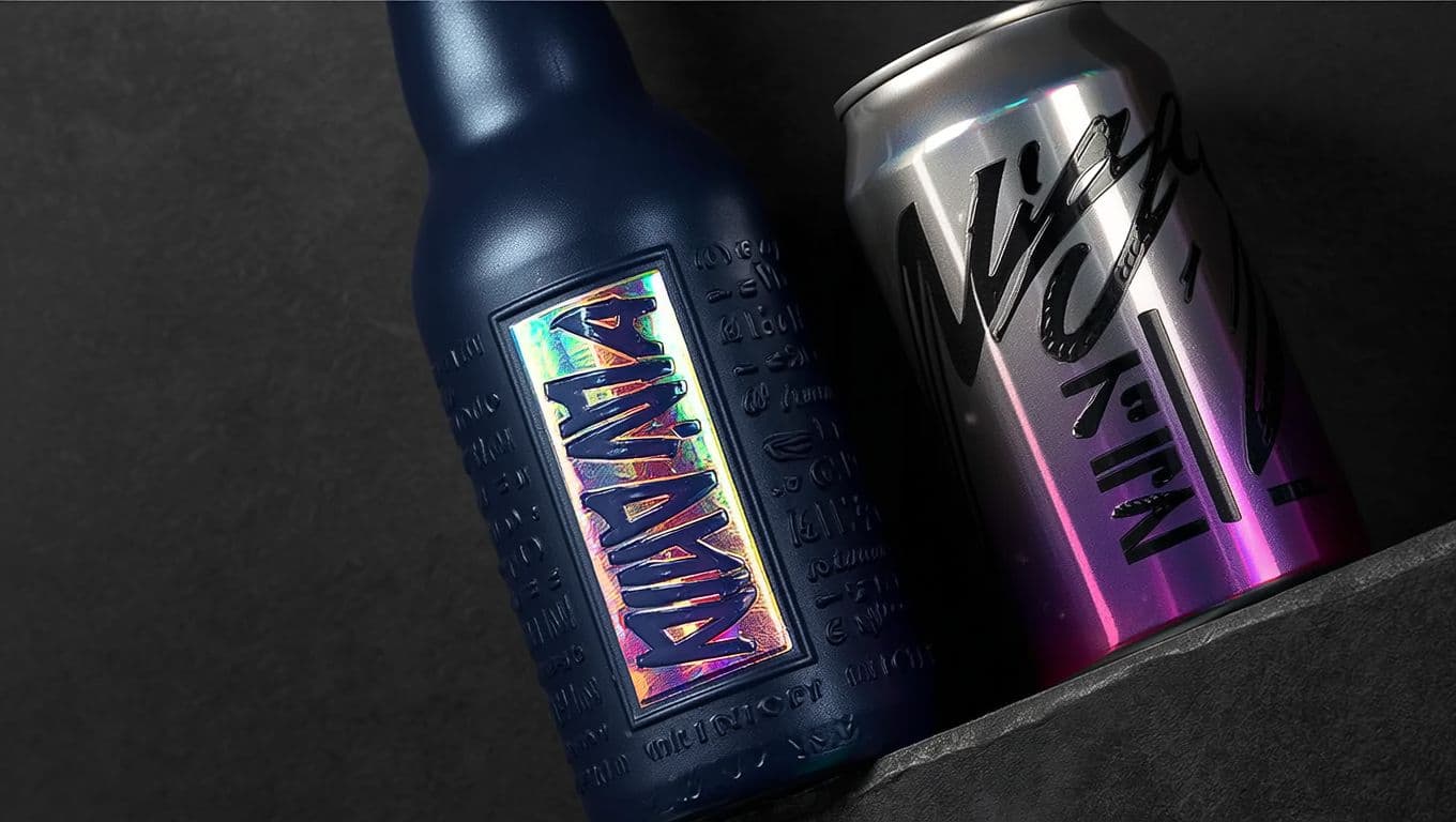 Maniac craft beer bottle and can with holographic foil